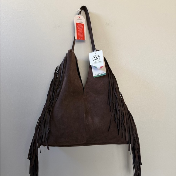 Divina Firenze Genuine Leather Brown Suede Fringe Bag - Picture 6 of 15